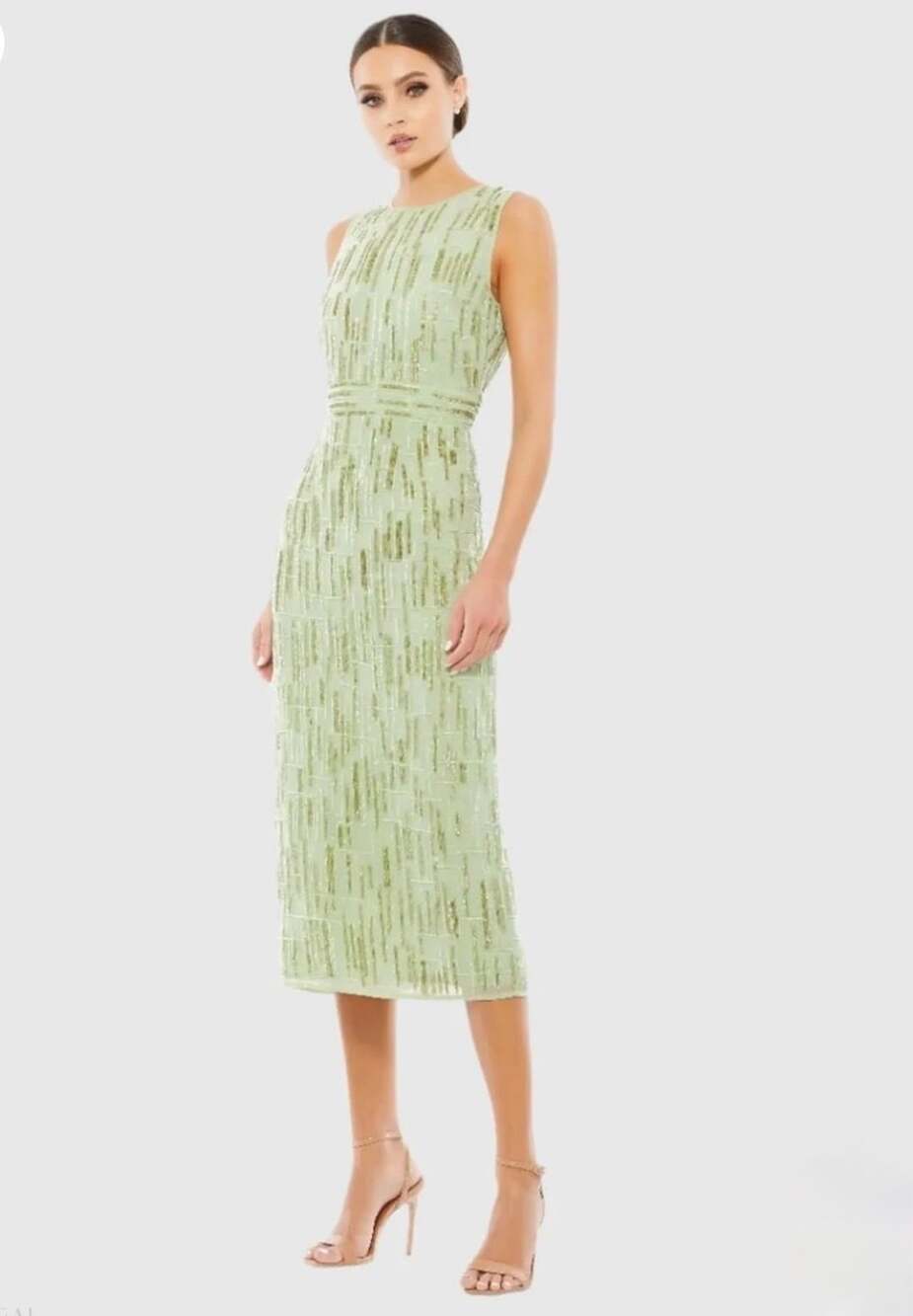 Mac Duggal Abstract Beaded Sleeveless Midi Sheath Dress Sage Size 12 NWT